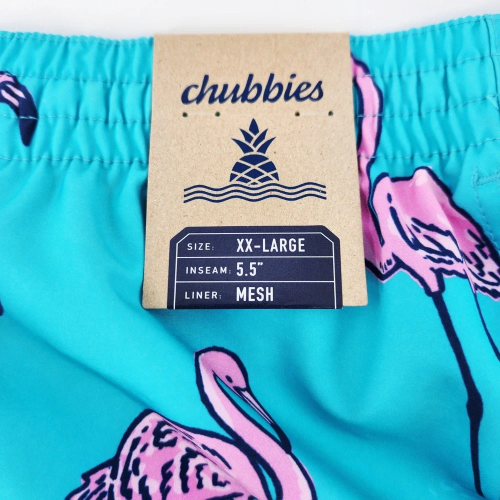 Chubbies Mens XXL Swim Trunks‎ Turquoise Pink Flamingo Print 5.5 Inch Inseam NWT